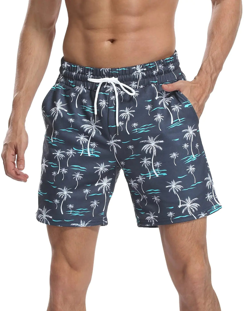 LRD Sweat Shorts for Men 7 inch Inseam Casual Athletic Pocket Jogger Shorts Palm Trees - S